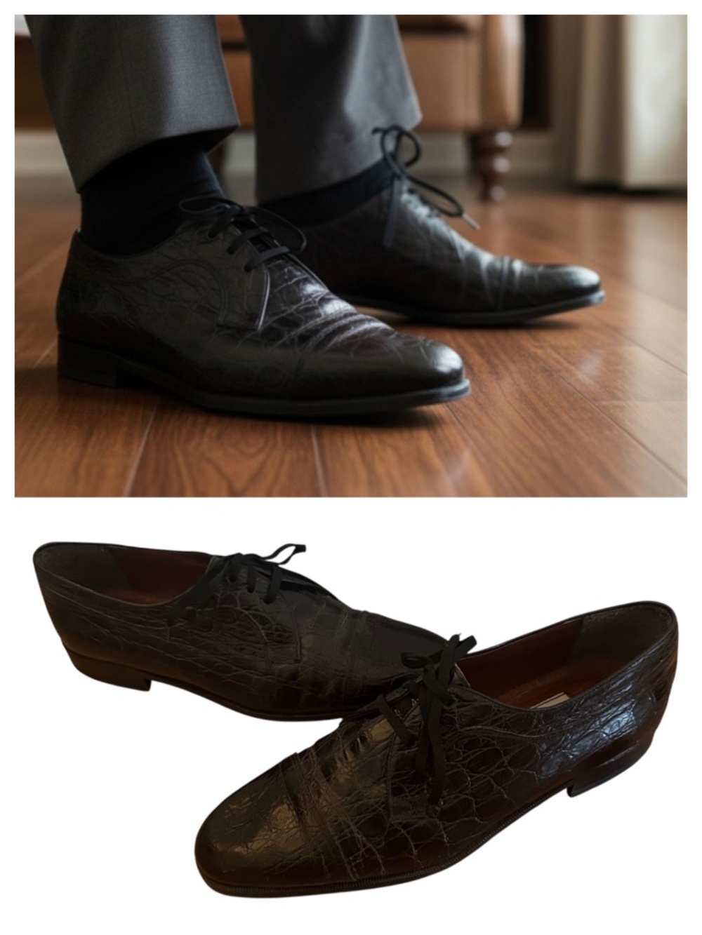 Carlo Morandi Oxford Shoes Mens 9.5 Leather Lizard Alligator Black Dress